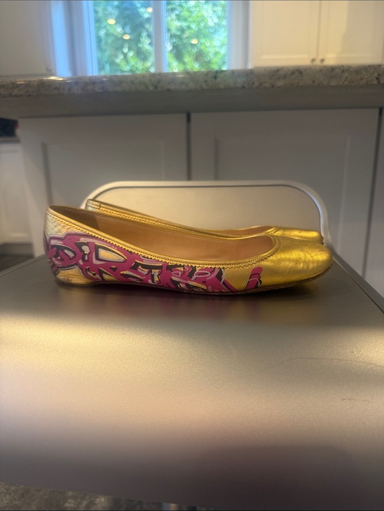 Christian Louboutin Shoes - Christian Louboutin Gold and Pink Graffiti Ballet Flats